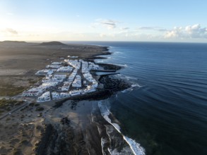 Caleta de Famara seaside location, aerial view, Lanzarote, Canary Islands, Spain