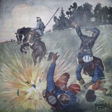 World War 1, a grenade dies at the head of an enemy column (original pictorial text from 1915,