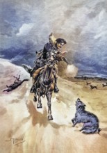 Russian Wolf mail courier is attacked by wolves and shoots at the animals with a pistol, coloured