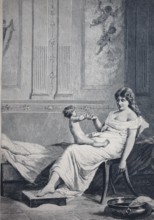 In the morning, mother with her baby in the bedroom, 1890, Germany, digital reproduction of an