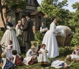 Employment center for young children, kindergarten since 1840, symbolic picture childcare,