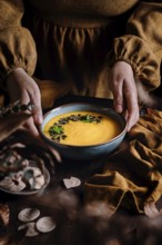 A warm autumn soup served in a ceramic bowl, garnished with seeds and herbs. The rich texture and