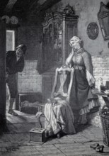 Hidden The daughter of the house hides behind the closet to tease her lover, 1890, illustration,