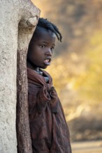 Himba girl leaning against a traditional mud hut, in the morning, traditional Himba village,