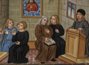 Lecture at a medieval university, book painting, historical illustration, digitally edited,