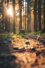 A lonely tree stump in the forest is illuminated by warm rays of sunlight and surrounded by