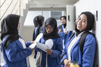 Asian Muslim students in hijabs and uniforms gather in a bright school hallway, engaging with each