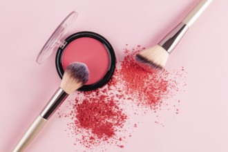 A vibrant pink compact blush and two makeup brushes are displayed on a soft pink background. The