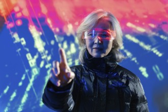 An elderly Asian woman in futuristic glasses interacts with digital elements in the metaverse,