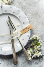 A vintage fork and knife tied with a thank you note rest on a patterned plate. Blossoms add an