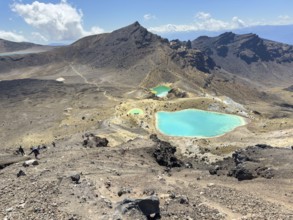 On the hiking trail of the Tongariro Alpine Crossing in Tongariro National Park with a view of the