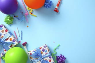 Bright birthday party decorations on blue background. Happy Birthday greeting card template. Flat