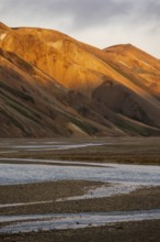 Rhyolite mountains and river Jökulgilskvísl, Landscape at Landmannalaugar, Dramatic volcanic