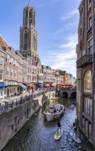 The old town centre of Utrecht, Oudegracht, around 2 km long with many old houses, cathedral tower,