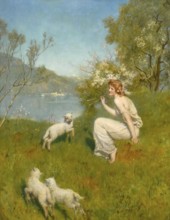 A woman sits in a meadow with flowering trees while sheep wander around. Woodland nymph, Wood nymph