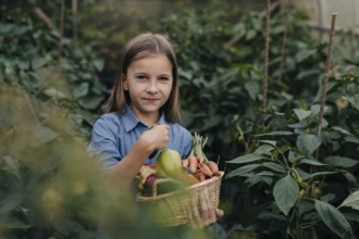 A young girl in a blue shirt joyfully holds a basket filled with freshly harvested vegetables,
