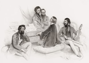 A matinee at Liszt's, 1846, from left, musicians and composers Kriehuber, Hector Berlioz, Carl