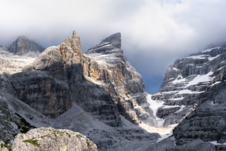 Mountain valley, Castelletto Superiore and Cima Sella peaks, back Scharte Bocca di Tuckett,