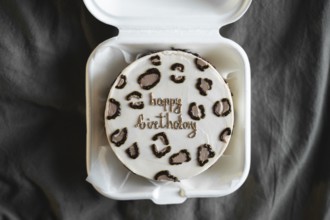 Top view of a stylish bento birthday cake with happy birthday message, neatly presented in a white