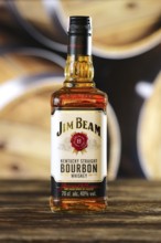 March 28, 2019, Minsk, Belarus, Bottle of kentucky straight bourbon whiskey on wooden table with