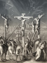 Crucifixion of Jesus, Mount Calvary, Jerusalem, New Testament, steel engraving 1853, digitally
