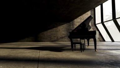 A grand piano in a spacious, empty minimalist room with geometric windows letting in soft natural