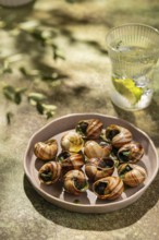 Gourmet baked escargots garnished with parsley and butter, served on a ceramic plate under natural