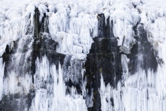 Icicles at Seljalandsfoss, Rangárþing eystra, waterfall, ice, snow, winter, Hella, Iceland,