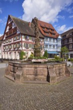 Market fountain with half-timbered houses in Gengenbach, Black Forest, Ortenaukreis,