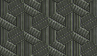 This 3D illustration showcases a mesmerizing hexagon stripes pattern with deep green tones. The
