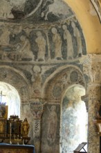 Aubazat. Wall paintings of the Romanesque style in Saint-Barthélemy chapel located in Peyrusse,