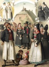 Traditional costumes in Germany around 1820, Province of Rügen, Mönchgut, woman and men in
