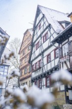 Traditional half-timbered houses covered in snow in a wintry setting, Sindelfingen, Germany