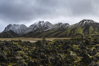 Experience the raw beauty of Iceland's Highlands, featuring rugged snow-capped mountains and lush