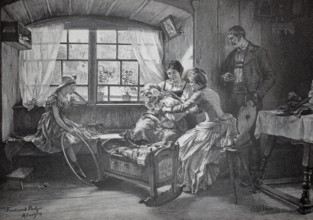 Visiting the mother with her newborn. The guests admire the baby they have lifted from the cradle,