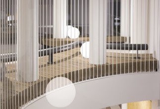 A modern club interior featuring sleek vertical white railings, wooden, and round white lights. The