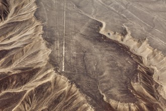 Dry, rocky landscape with line drawings captured from the air, the geoglyphs and drawings in the