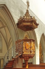 Pulpit with wood carving and decorations, arts and crafts, interior view, Our Lady, Minster,