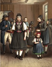 Traditional costumes in Germany around 1820, Grand Duchy of Hesse, Biedenkopf, group of people in