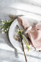 From above, an elegant spring-themed table setting featuring fresh snowdrops arranged on a white