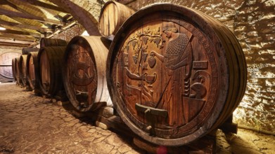 Row of wooden barrels with ornate engravings in a rustic wine cellar, Achaia Clauss Winery, Patras,