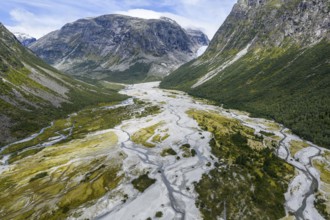 The widely branching arms of river Jostedalsola, Jostedal river, a glacial river originating in the