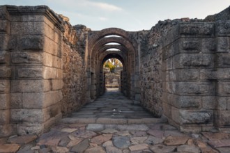 Arches of the ancient Roman theatre in Merida, Badajoz, Spain. This historic site displays