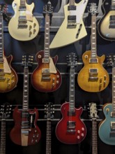 A collection of electric guitars displayed on a wall. Each guitar showcases a unique design and