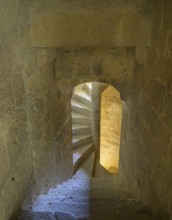 Stone spiral staircase up to the tower in the Cathar castle of Quéribus, Cucugnan, Département