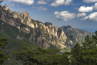 View of the Bavella Needles or Aiguilles de Bavella Mountains from the Col de Bavella Pass,