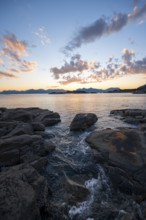 Rocky coast, coastal landscape at sunset, Henningsvær, Lofoten, Nordland, Norway