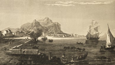 Messina, Sicily, Italy, busy shipping, three-master, mountains, pier, buildings on the shore,