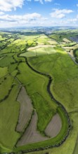 Vertical panorama of Farms and Fields over Cononley and River Aire from a drone, Keighley, North