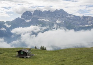 A serene view of a small cabin in a lush green meadow overlooking the Les Dents du Midi mountain